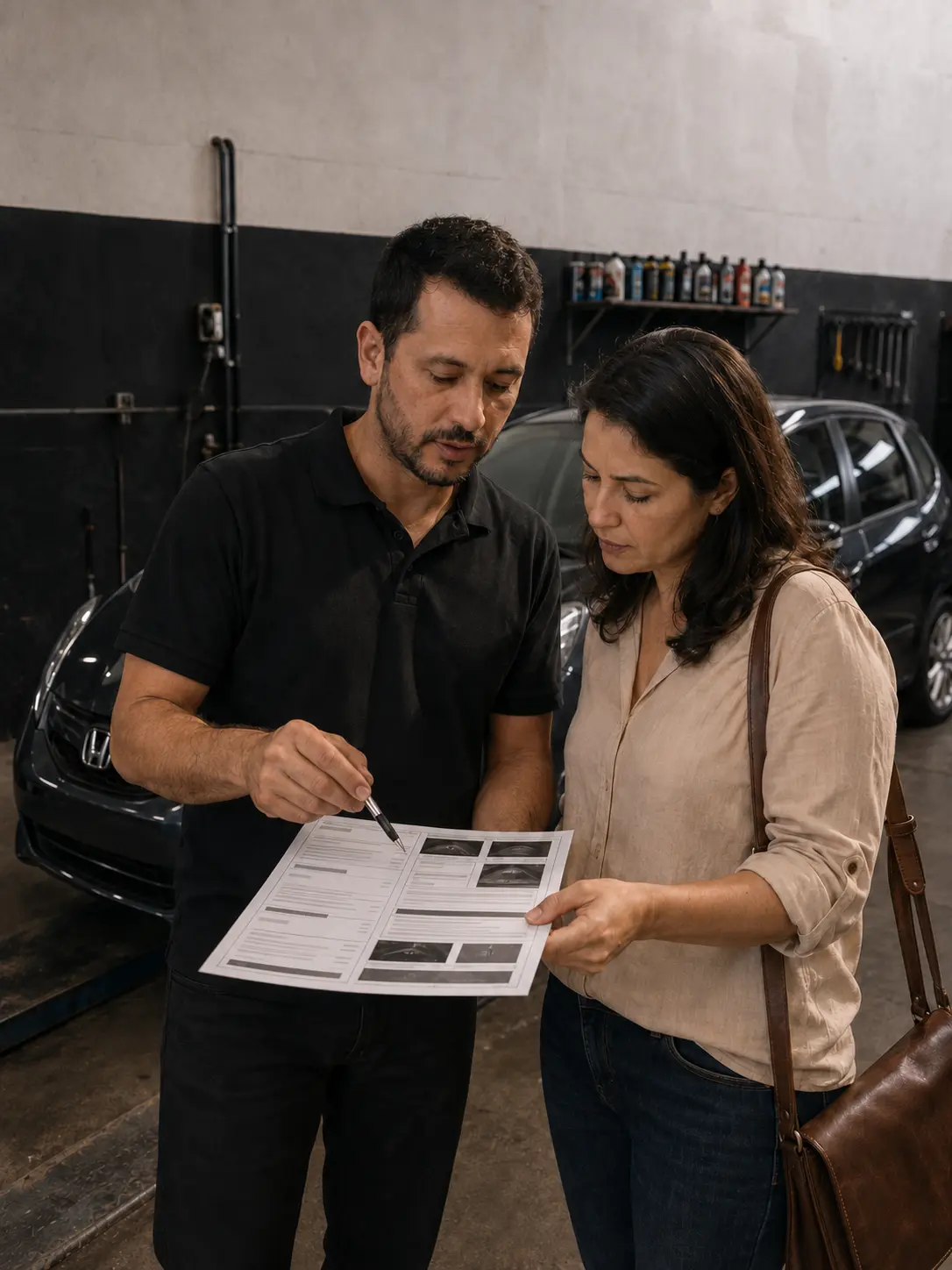 Técnico da Sublime explicando o relatório da vistoria para uma cliente