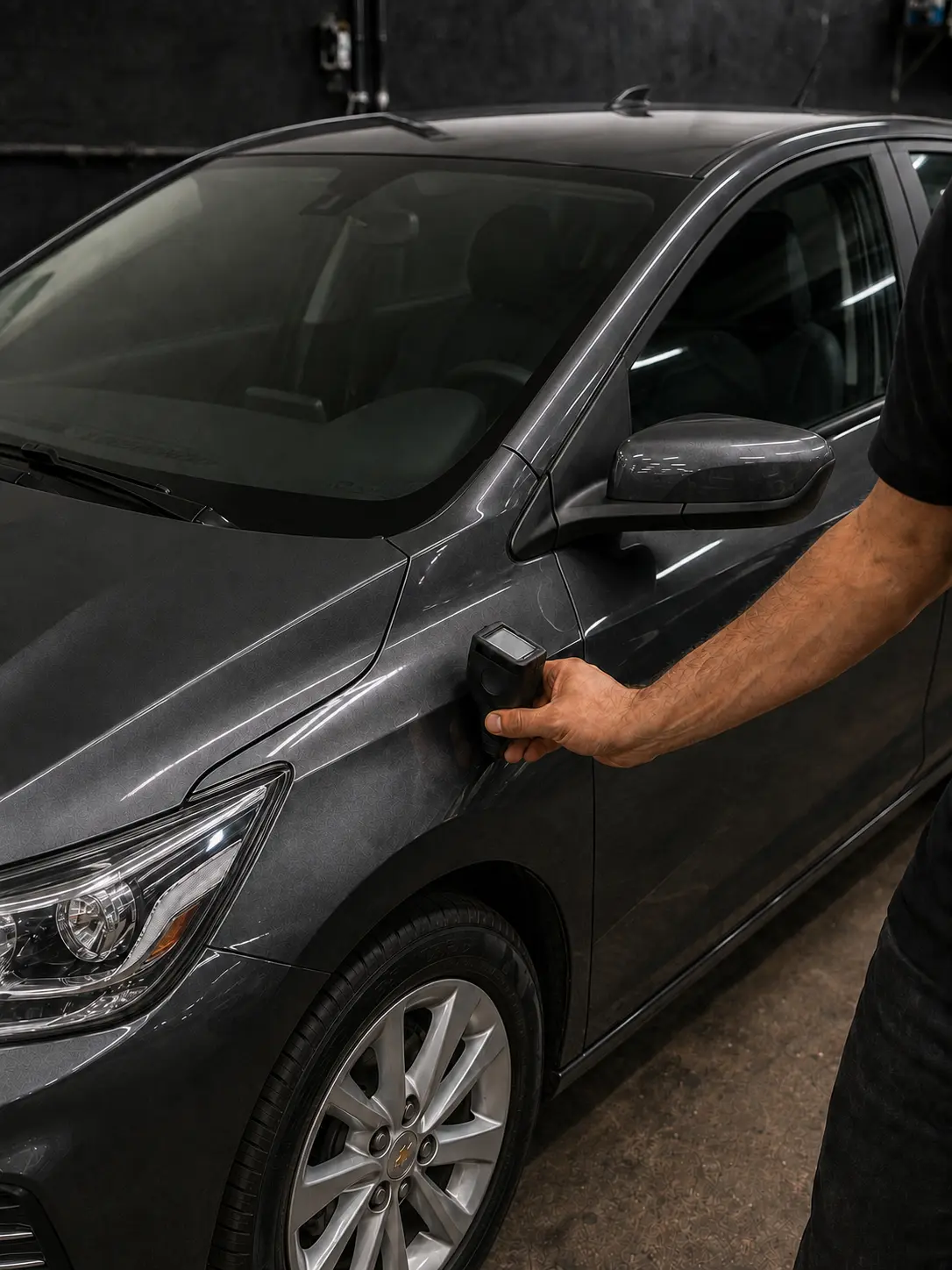 Medição técnica da espessura da pintura de um carro usado